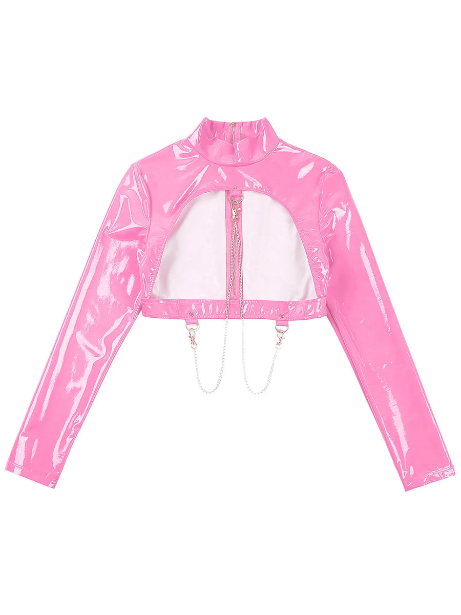 Back Zipper Crop Top Glossy Leather SSupplies