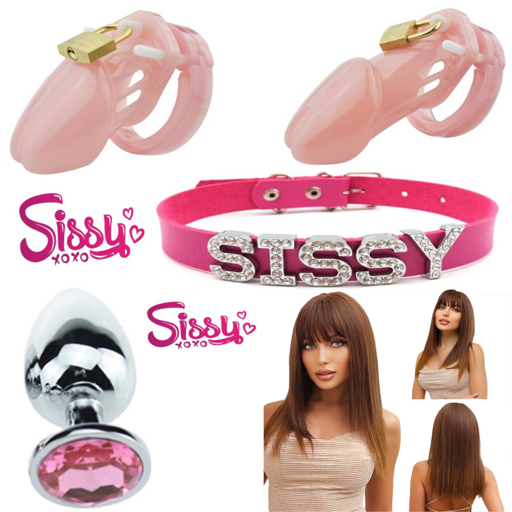 Sissy Supplies Basic Sissy Kit - Cages, Wig, Plug, Collar & Tattoos