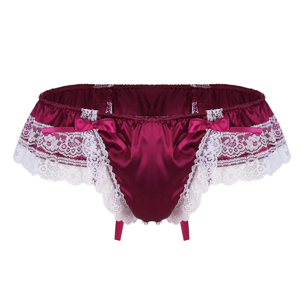 Sexy Male Mens Sissy Shiny Soft Satin Lingerie Double Layers Floral Lace Back with Big Bowknot Low Rise Bikini Thong Underwear