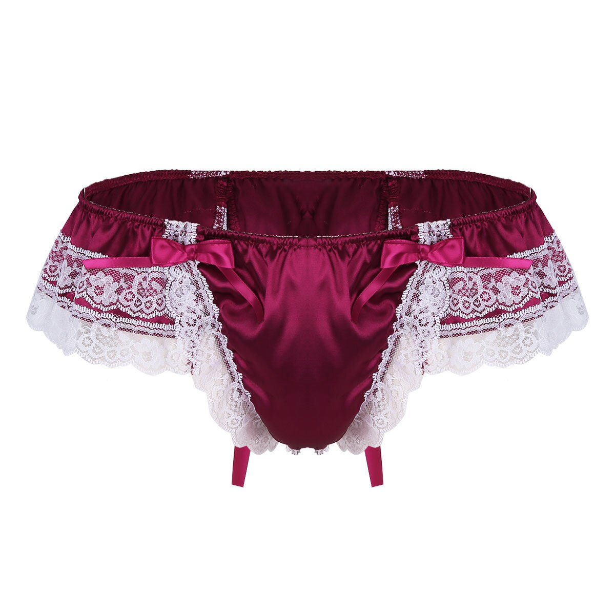Sexy Male Mens Sissy Shiny Soft Satin Lingerie Double Layers Floral Lace Back with Big Bowknot Low Rise Bikini Thong Underwear