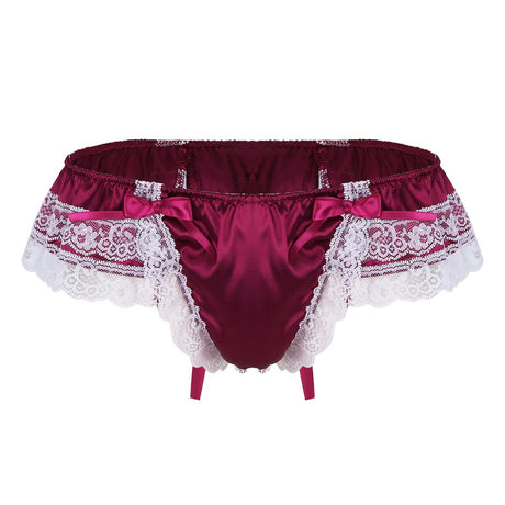 Sexy Male Mens Sissy Shiny Soft Satin Lingerie Double Layers Floral Lace Back with Big Bowknot Low Rise Bikini Thong Underwear