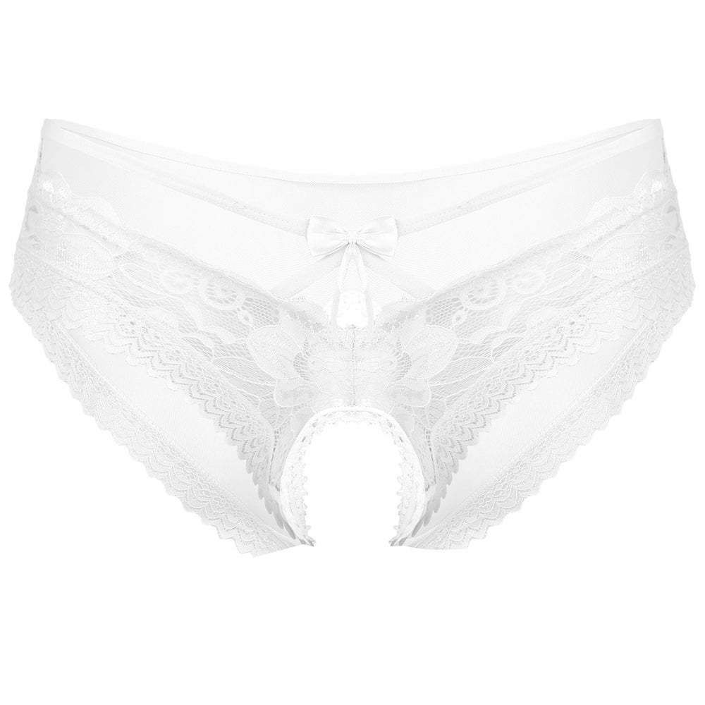 Sexy Sissy Sheer Lace Crotchless Briefs With Bowknot
