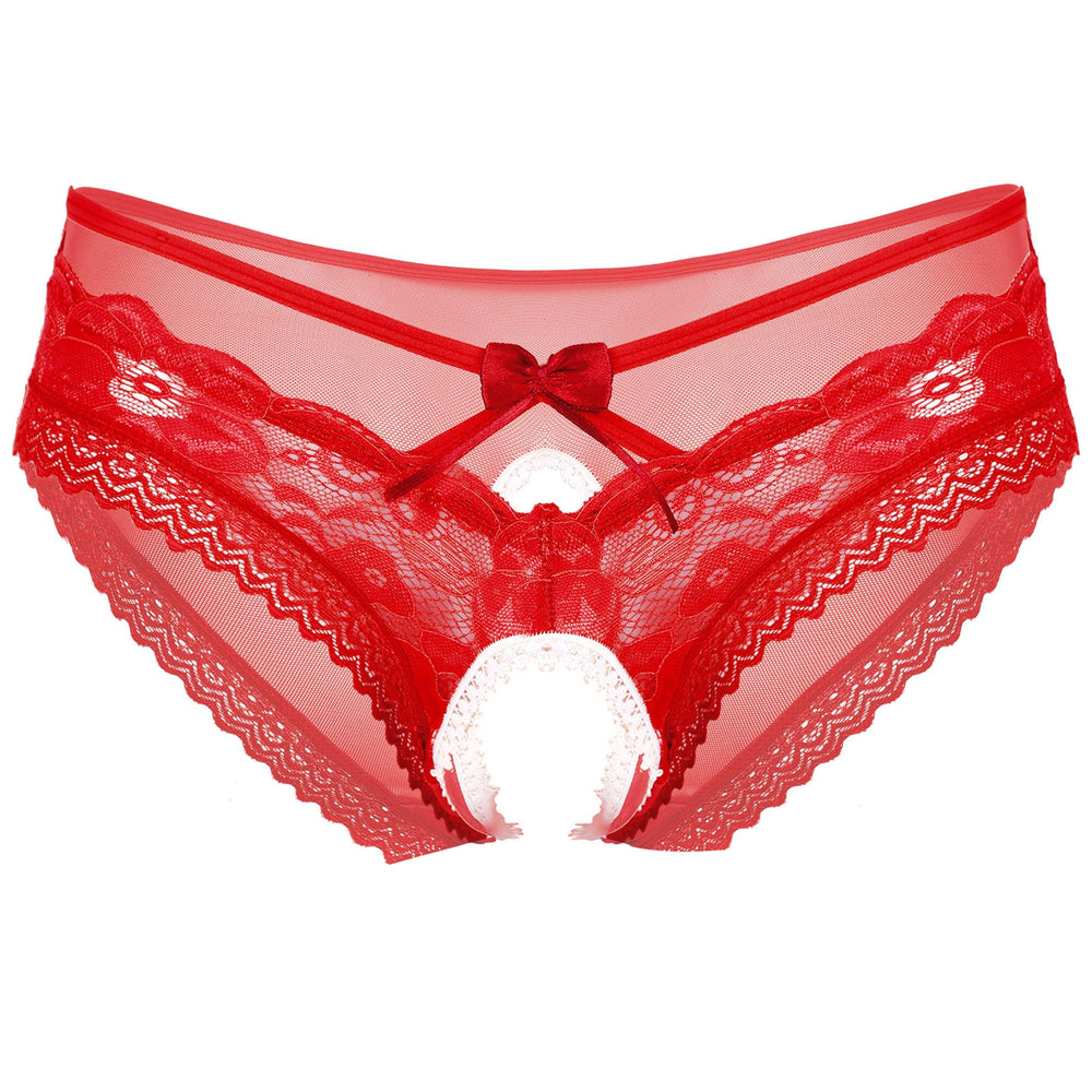 Sexy Sissy Sheer Lace Crotchless Briefs With Bowknot