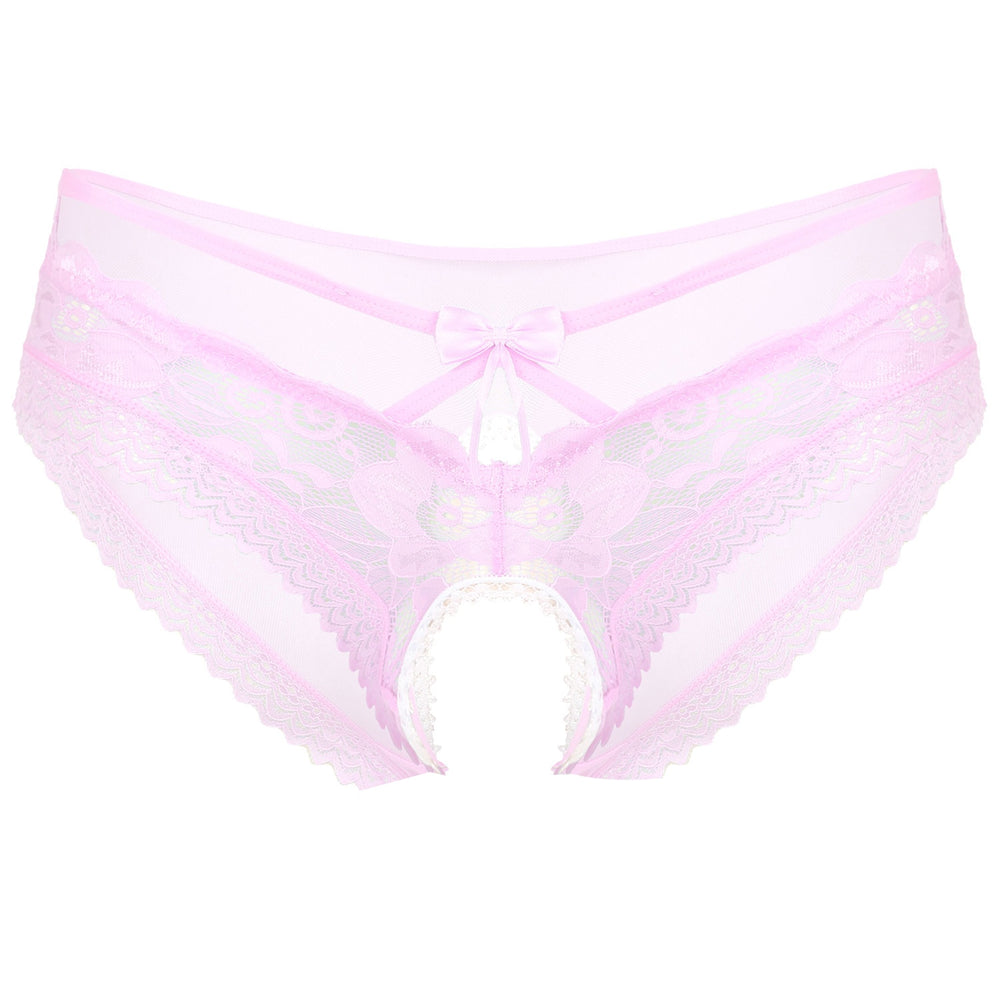 Sexy Sissy Sheer Lace Crotchless Briefs With Bowknot