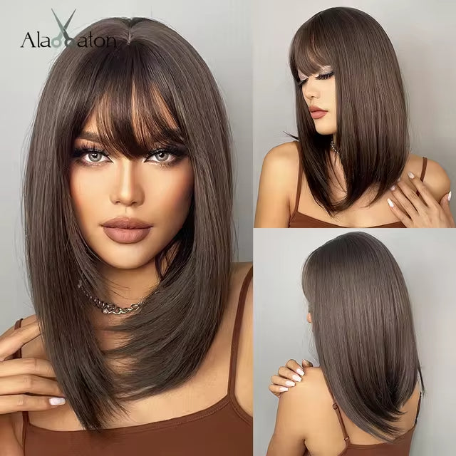 Brown Glam Synthetic Wig with Bangs