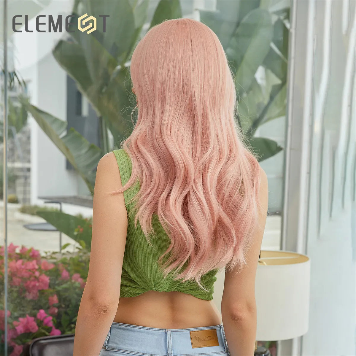 Grapefruit Pink Long Curly Wig with Bangs