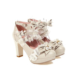 Ruffle Bow Cross Strap Mary Jane High Heel Shoes