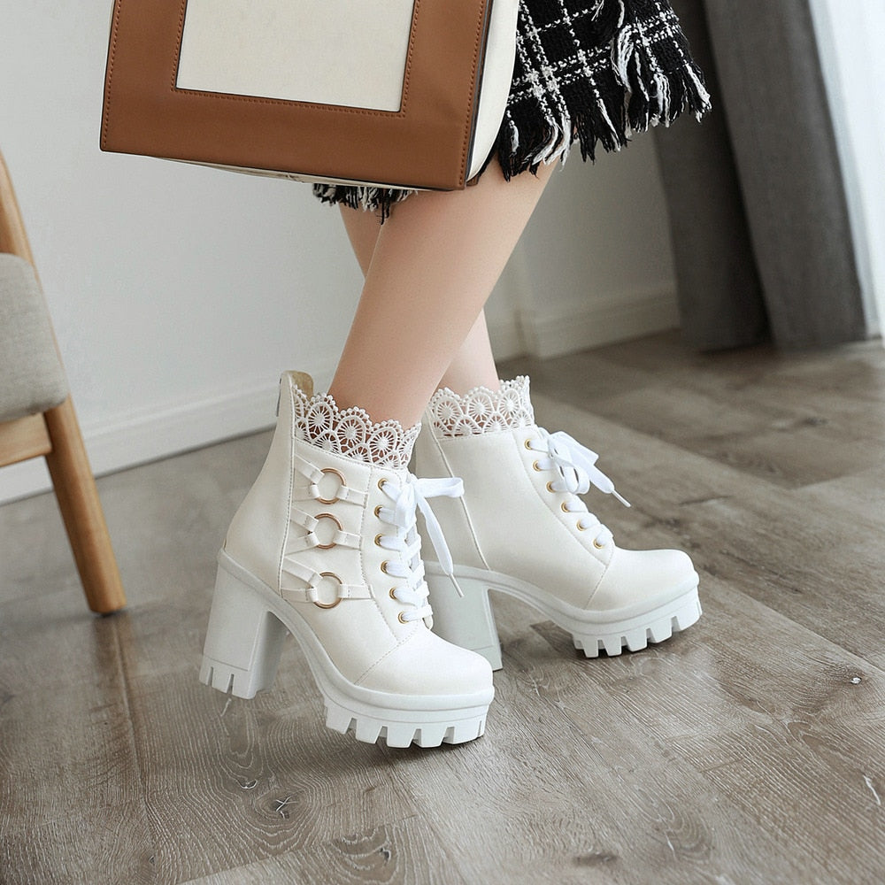 Chunky Platform Ankle Boots With Lace Trim