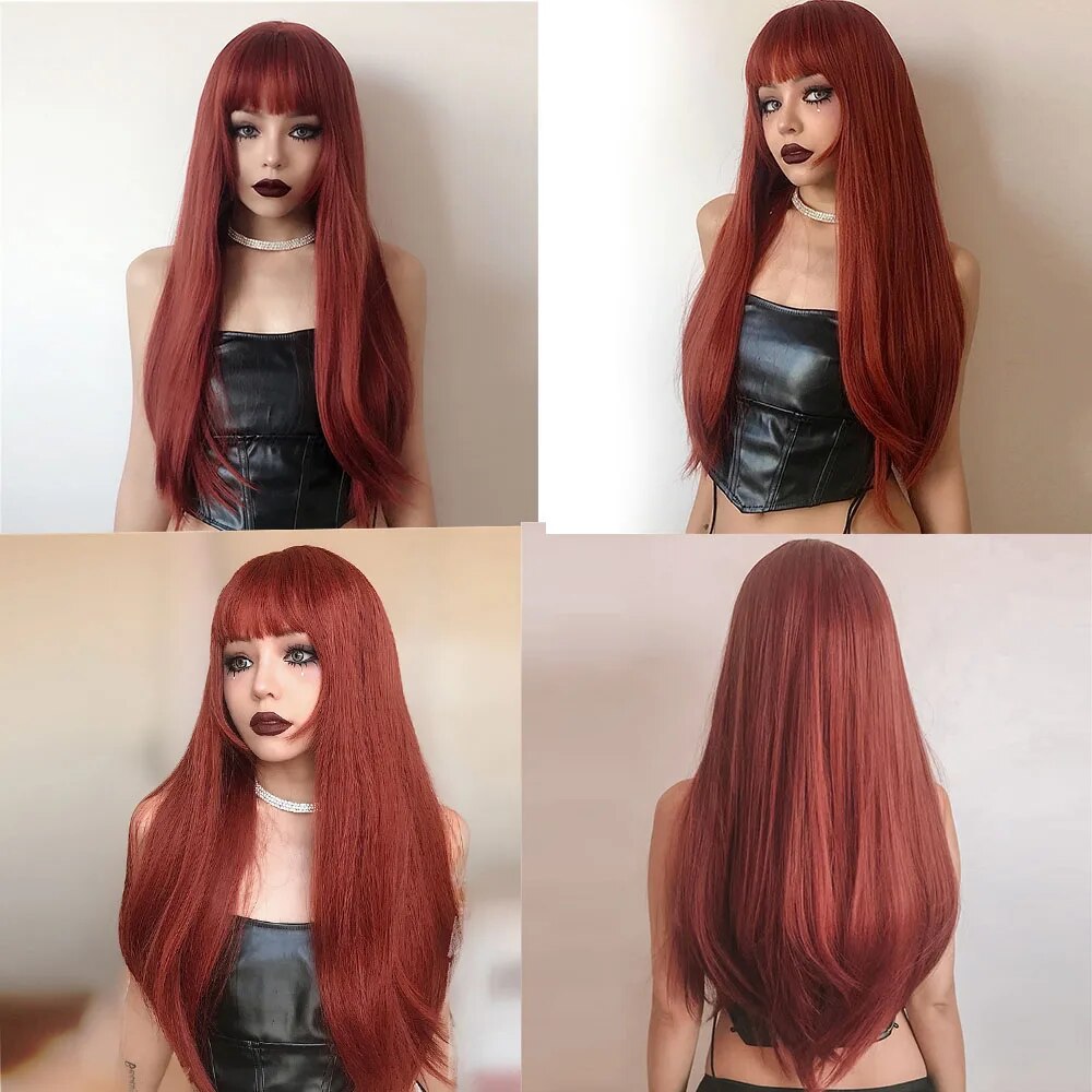 Long Heat Resistant Straight Wigs with Bangs