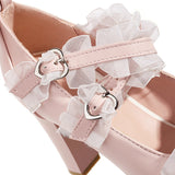 Ruffle Bow Cross Strap Mary Jane High Heel Shoes