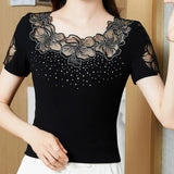 Solid Color Mesh Elegant Hollow Out Blouse