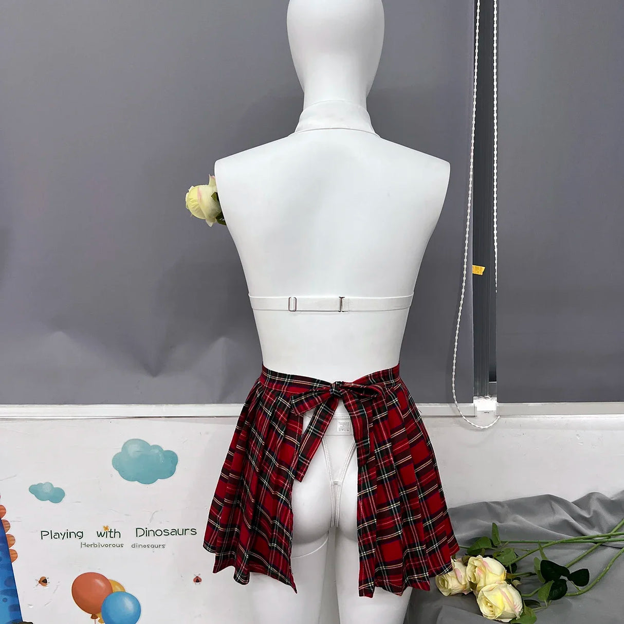 Teacher Cosplay Sheer Halter & Bra Plaid Skirt