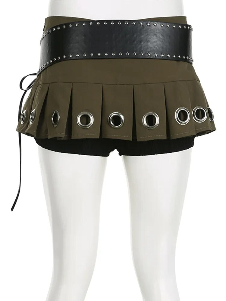 Punk Low Rise Mini Pleated Skirt With PU Belt