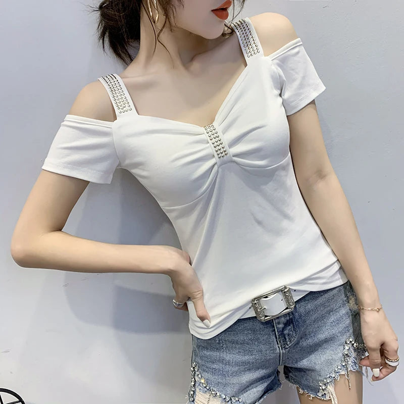 Chic Sexy V-Neck Off Shoulder Short Sleeve Top