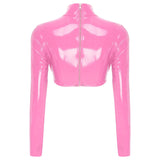 Back Zipper Crop Top Glossy Leather