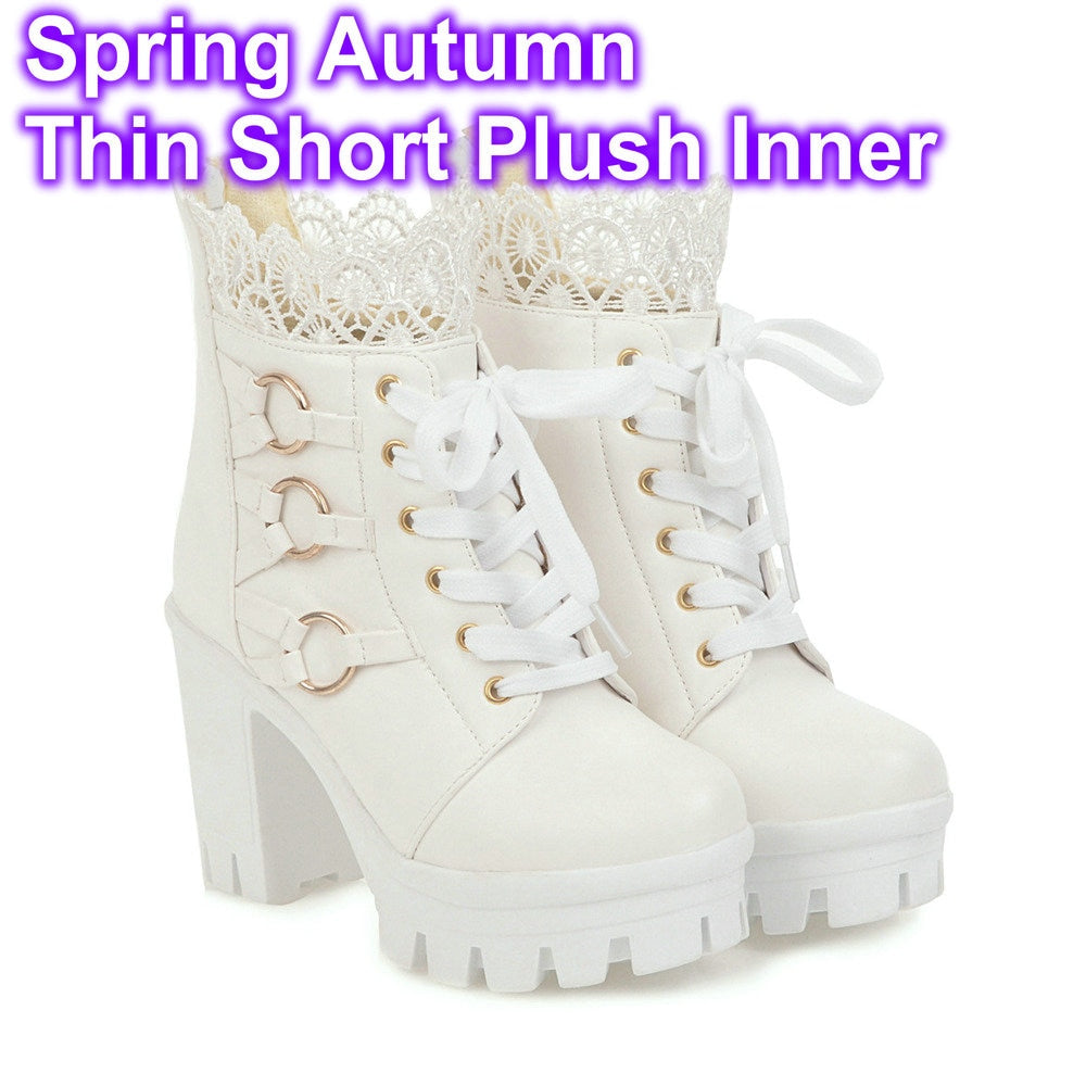 Chunky Platform Ankle Boots With Lace Trim