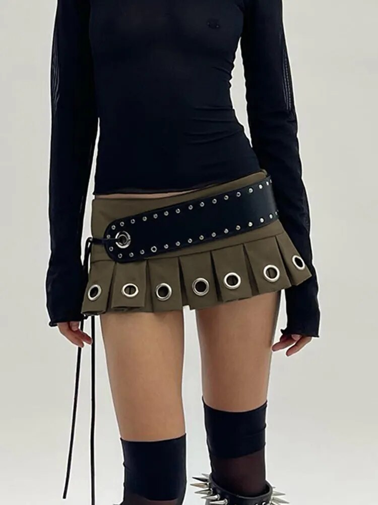 Punk Low Rise Mini Pleated Skirt With PU Belt