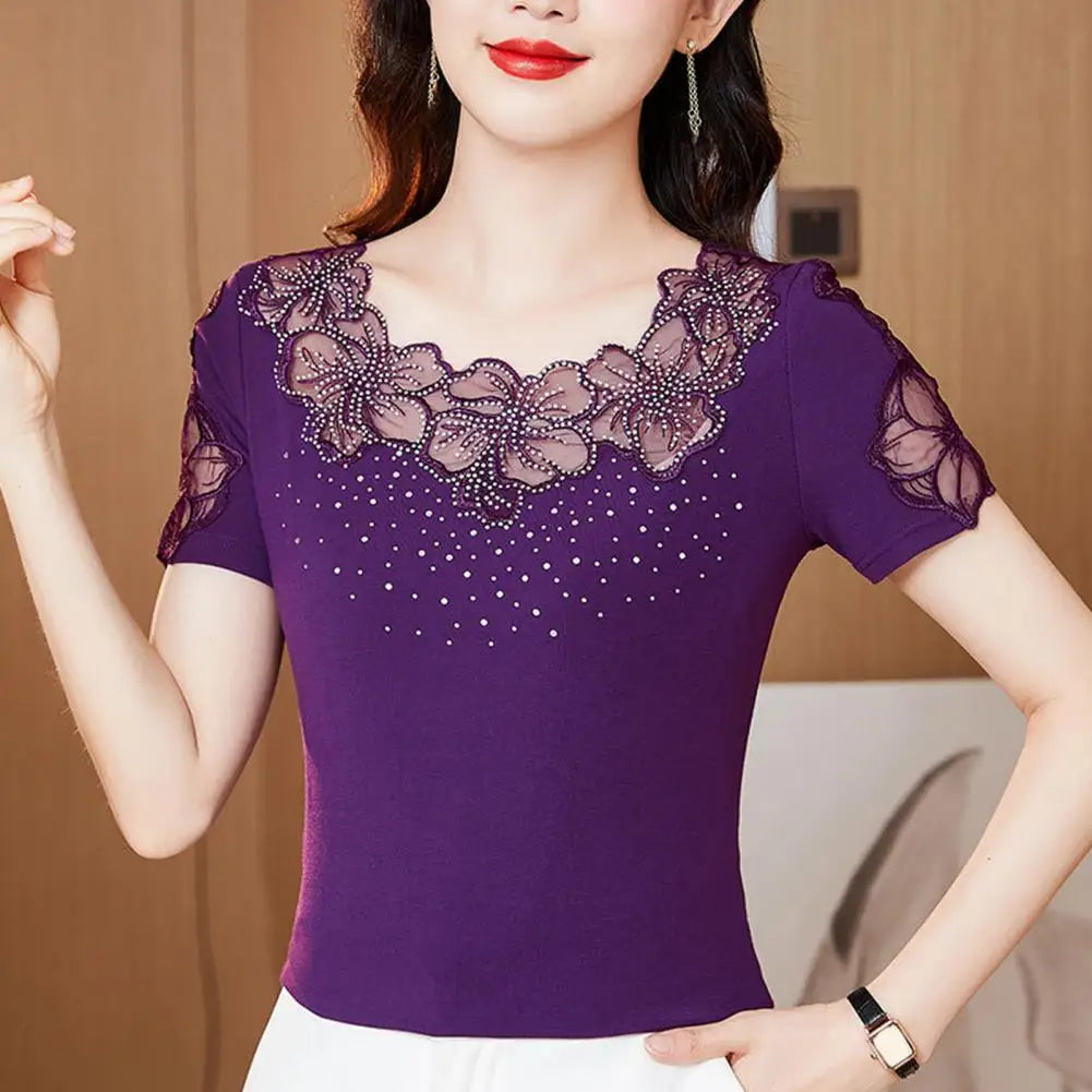 Solid Color Mesh Elegant Hollow Out Blouse