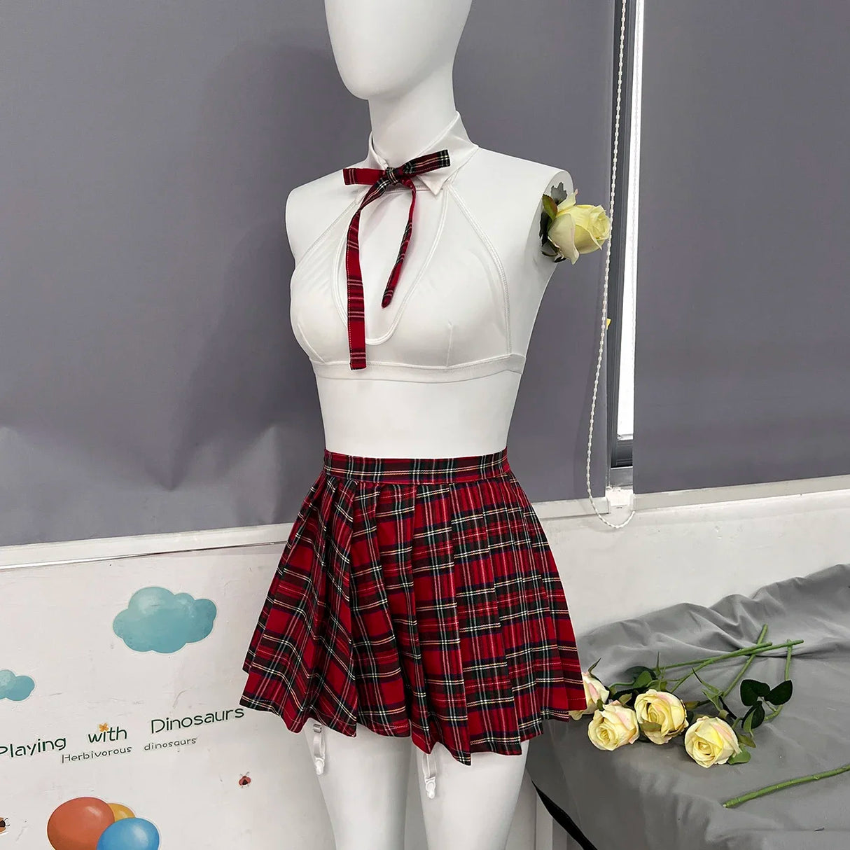 Teacher Cosplay Sheer Halter & Bra Plaid Skirt