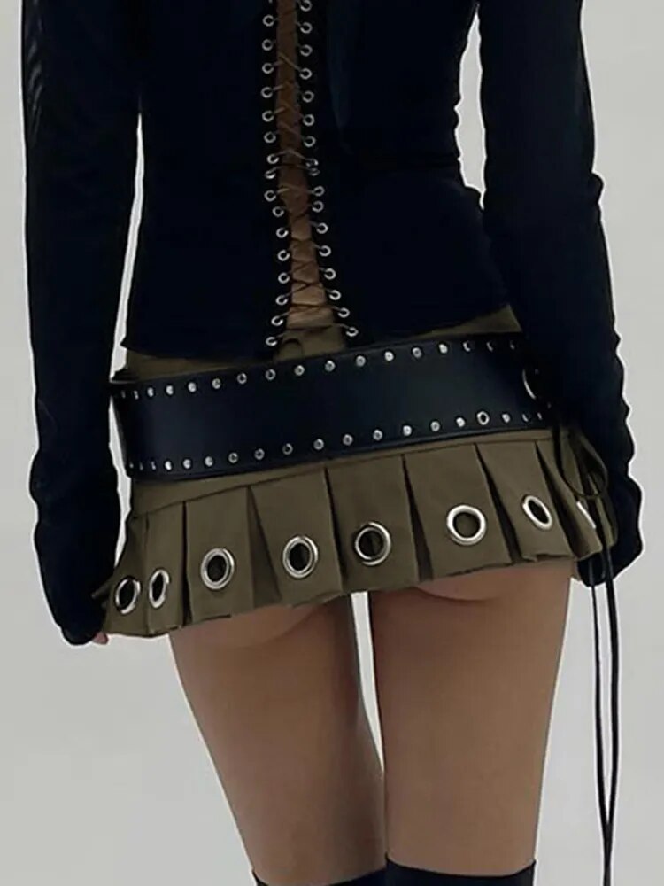 Punk Low Rise Mini Pleated Skirt With PU Belt