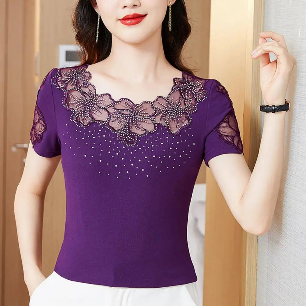 Solid Color Mesh Elegant Hollow Out Blouse