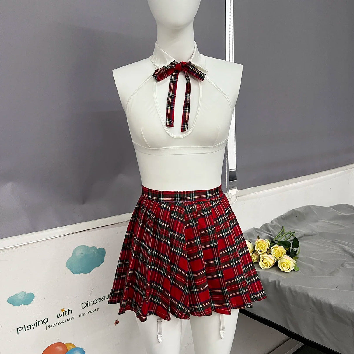 Teacher Cosplay Sheer Halter & Bra Plaid Skirt