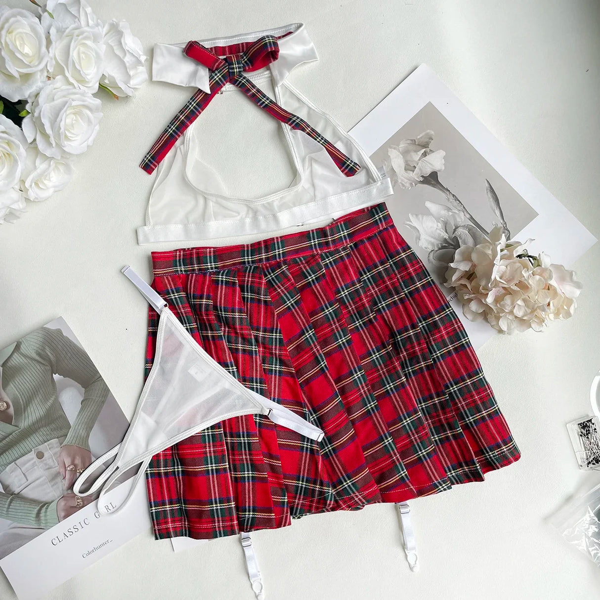 Teacher Cosplay Sheer Halter & Bra Plaid Skirt