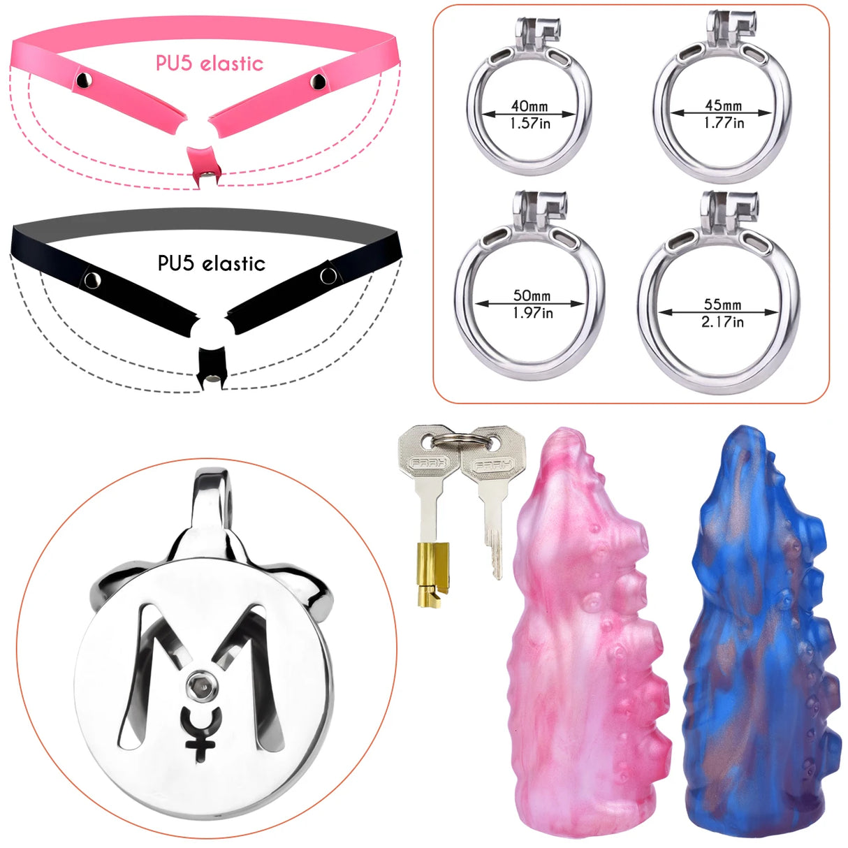 Flirty Fusion SS Chastity Cage + Twilight Swirl Dildo