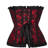 Red Women Mesh Grid Lingerie Basque Corselet Bustier Floral Lace Overlay Corset Overbust Plus Size 805#