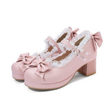 Girls Sweet Lolita Ruffles Bowknot Lace Bridal Wedding Shoes Women High Heel Bordered Princess Dress 2020 Pink Plus Size 34-46