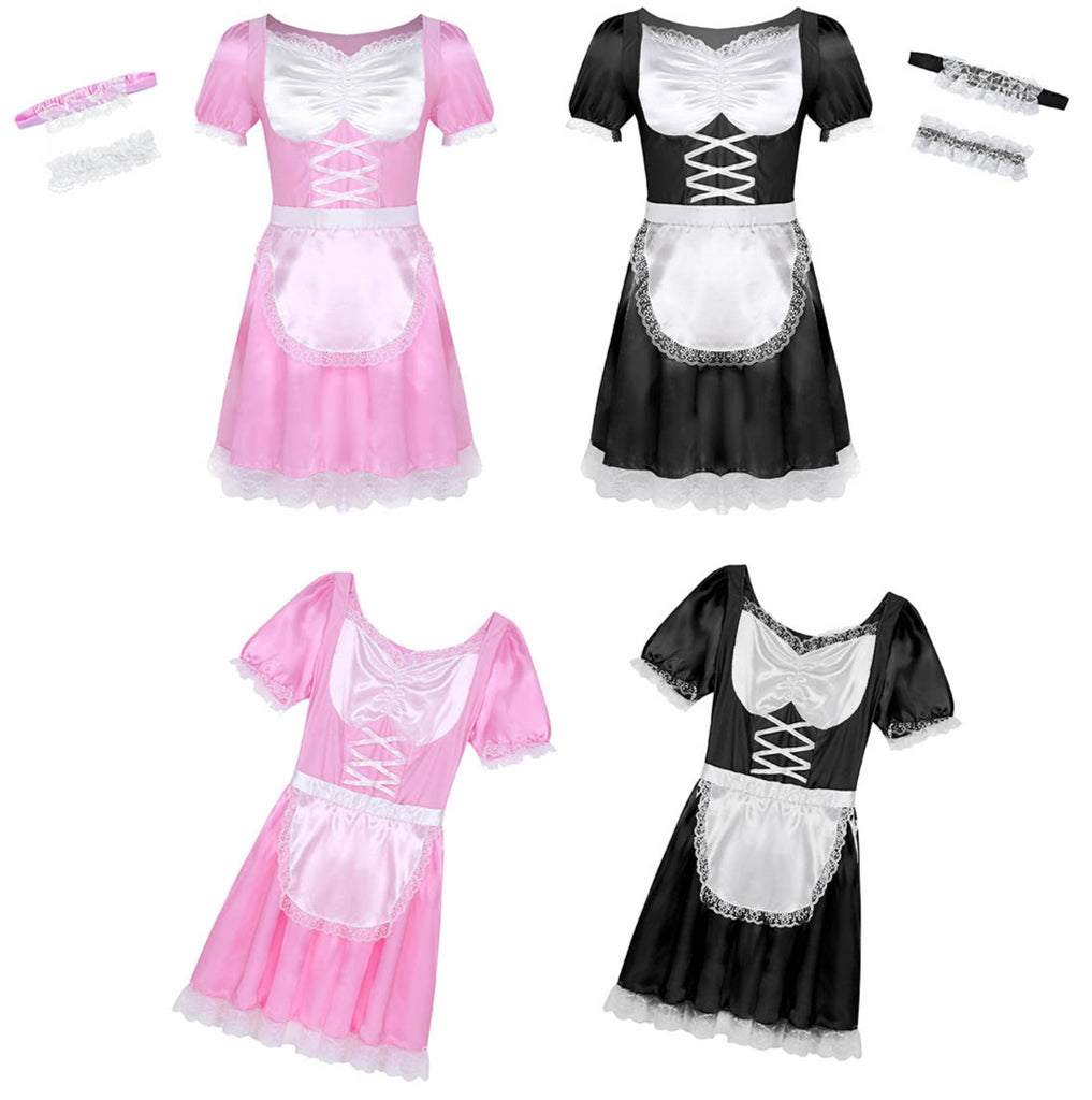 3Pcs Gay Mens Sissy Dress Maid Uniform Dress for Gay Sissy Costume Outfit Short Sleeve Satin Dress with Choker and Headband