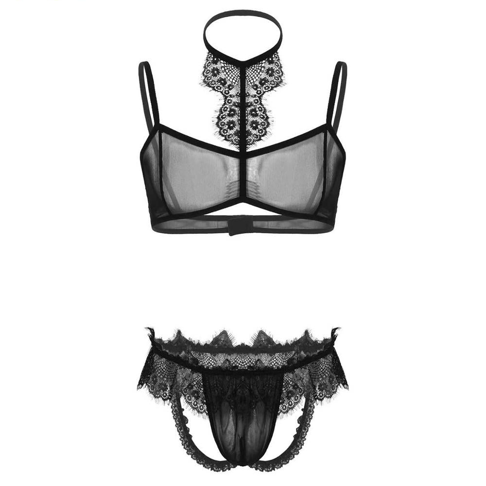 MSemis Male Sexy See Through Sheer Lace Trim Lingerie Set Transparent Bra Top Open Butt Jockstrap Briefs Sissy Panties Underwear