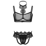 MSemis Male Sexy See Through Sheer Lace Trim Lingerie Set Transparent Bra Top Open Butt Jockstrap Briefs Sissy Panties Underwear