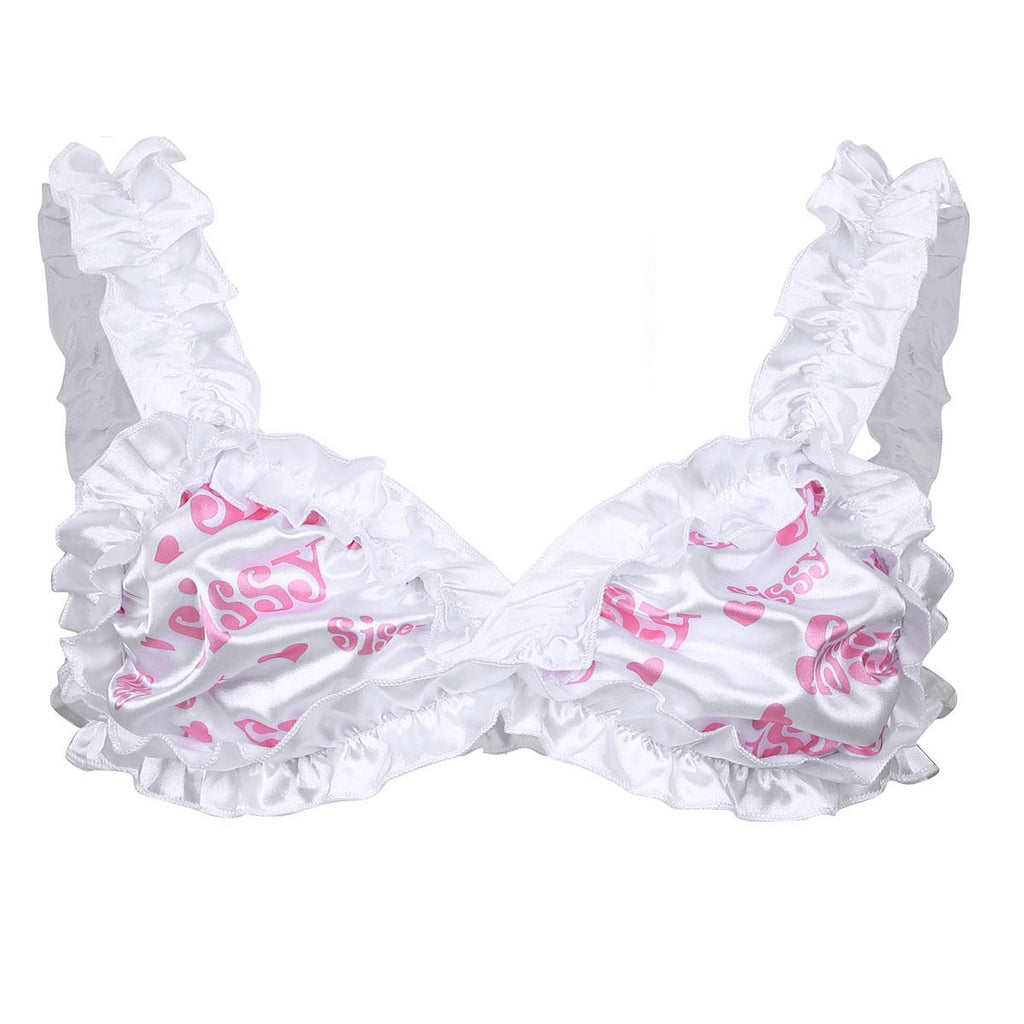 Mens Sissy Bralette Smooth Floral Wire-free Men Bra Top Letter Printed Frilly Ruffled Wide Shoulder Straps Unlined  Bra Tops