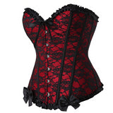 Red Women Mesh Grid Lingerie Basque Corselet Bustier Floral Lace Overlay Corset Overbust Plus Size 805#