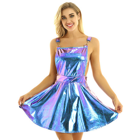 Womens Shiny Metallic Holographic Dress Costumes Clubwear A-line Pleated Bib Overall Pinafore Sissy Dress Braces Mini Suspender