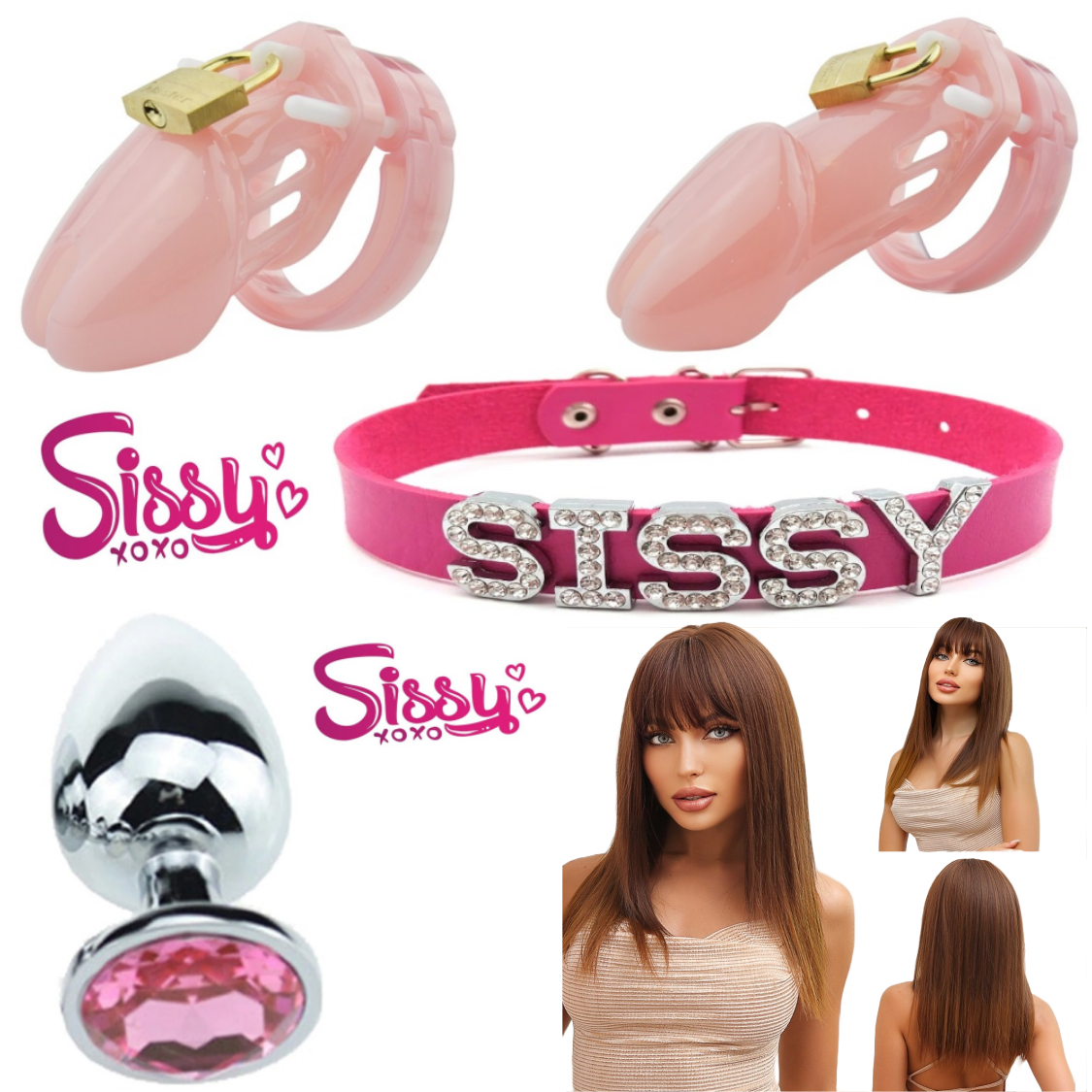 Sissy Supplies Basic Sissy Kit - Cages, Wig, Plug, Collar & Tattoos