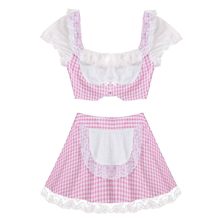 Women Lovely Scotland School Girl Cosplay Uniform Sexy Adult Baby Maid Apron Skirt Outfit Sissy Babydoll Lolita Roleplay Costume