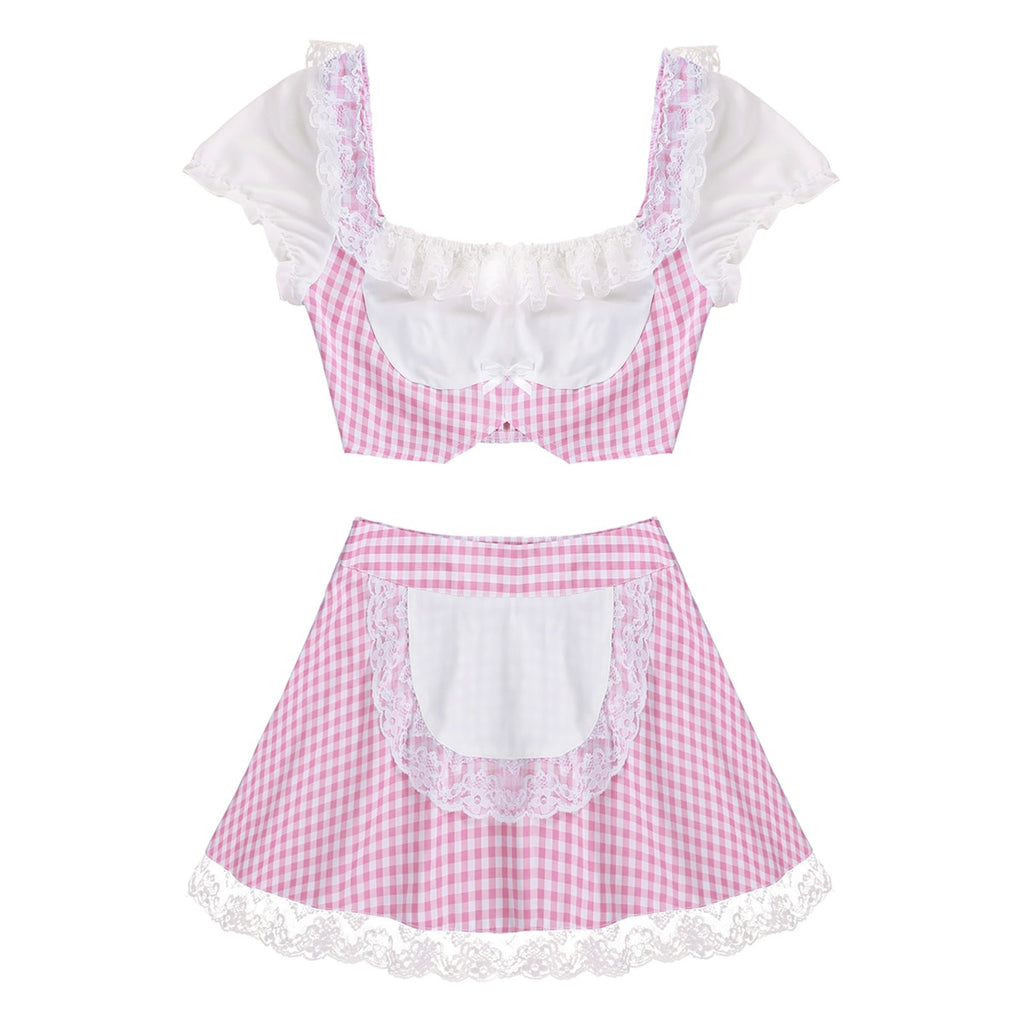Women Lovely Scotland School Girl Cosplay Uniform Sexy Adult Baby Maid Apron Skirt Outfit Sissy Babydoll Lolita Roleplay Costume