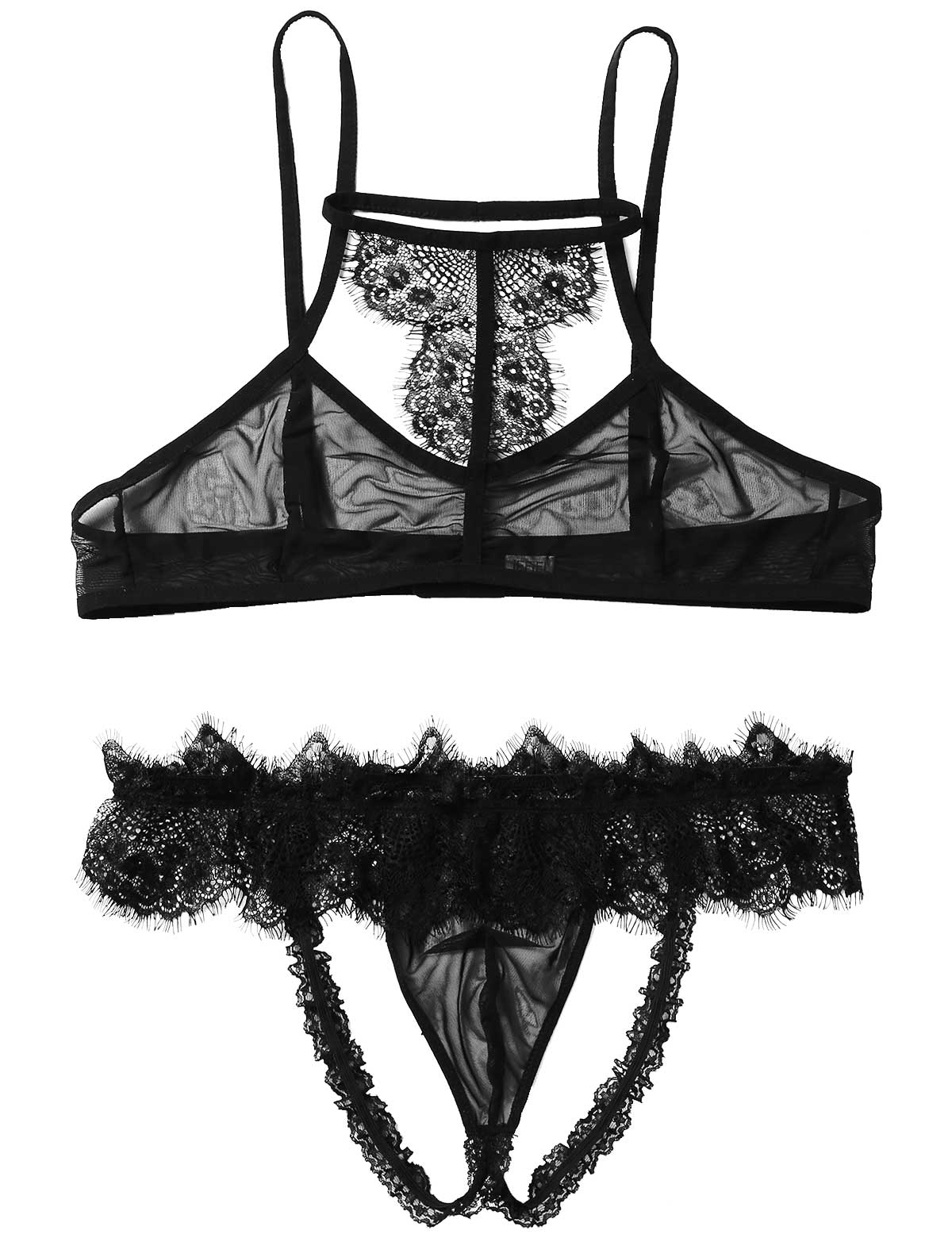 US$25.73-Luxury Gothic Lingerie Women Chain Intimate Bilizna Set Sissy T  Back Thong Black Bra Panties Sensual Underwear Suit-Description