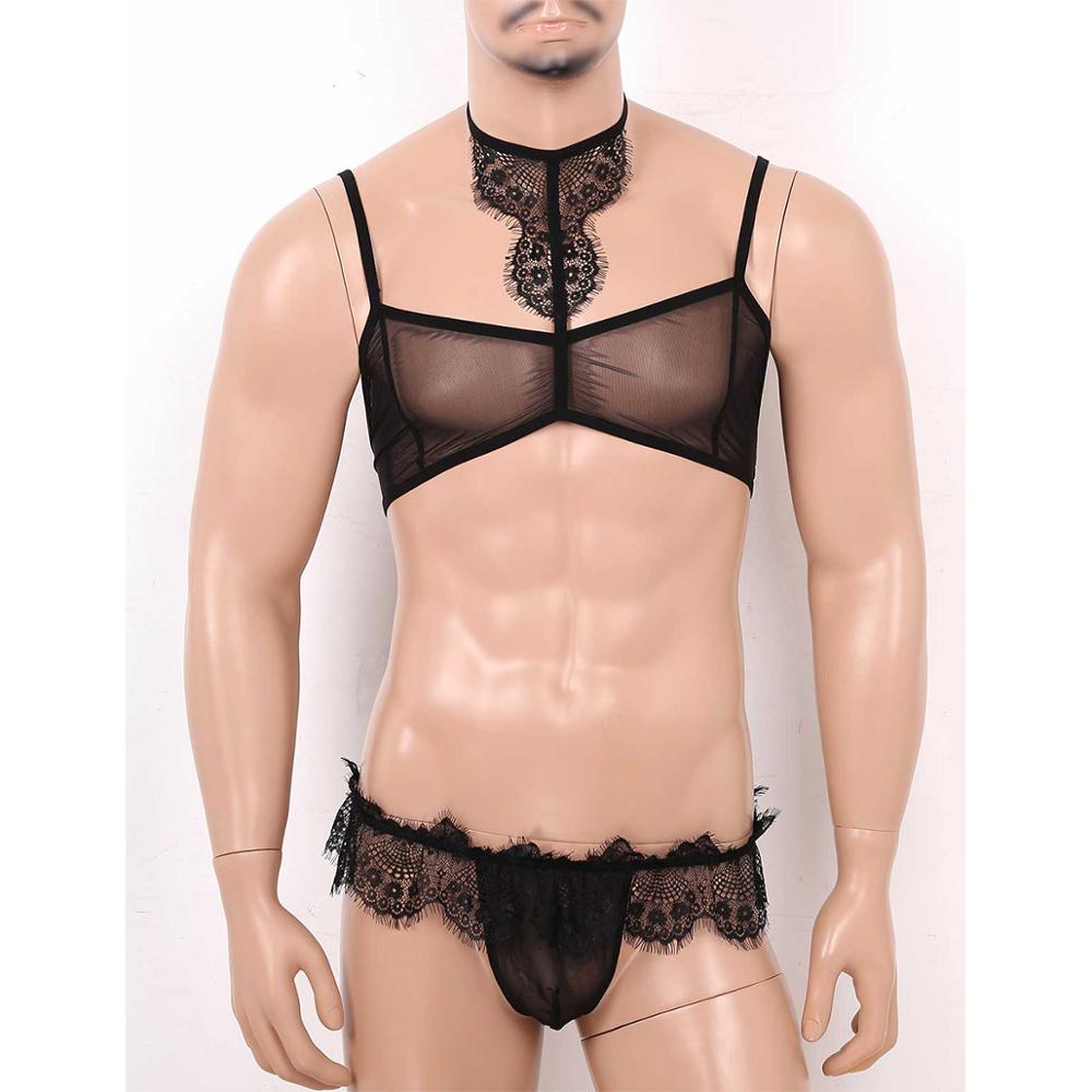 Sexy Men Lingerie Lace Trim Halter Neck Lingerie