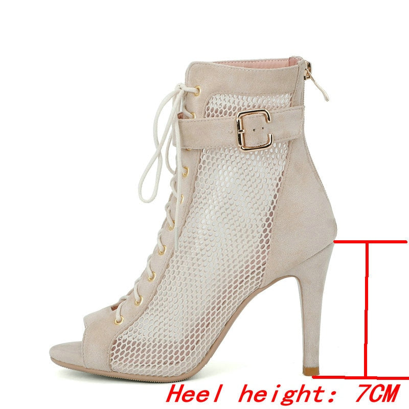 Mesh Short Boots Zipper Back High Heels