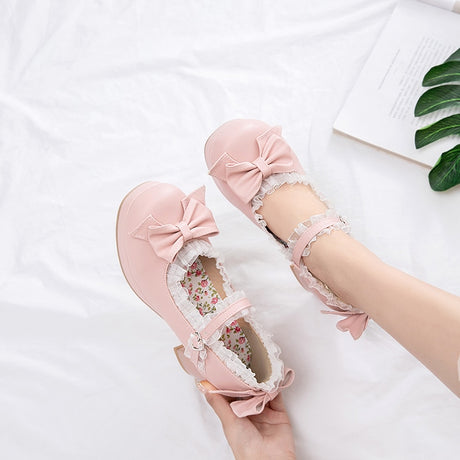 Girls Sweet Lolita Ruffles Bowknot Lace Bridal Wedding Shoes Women High Heel Bordered Princess Dress 2020 Pink Plus Size 34-46