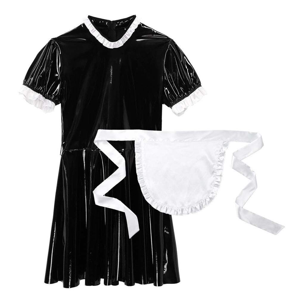 Adult Mens Sissy Maid Role Play Cosplay Costume Set Short Puff Sleeve Wet Look Patent Leather Servant Uniform Flared Dress
