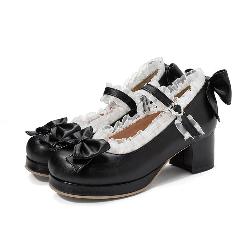 Sweet Lolita Ruffles Bowknot Lace Heeled Shoes