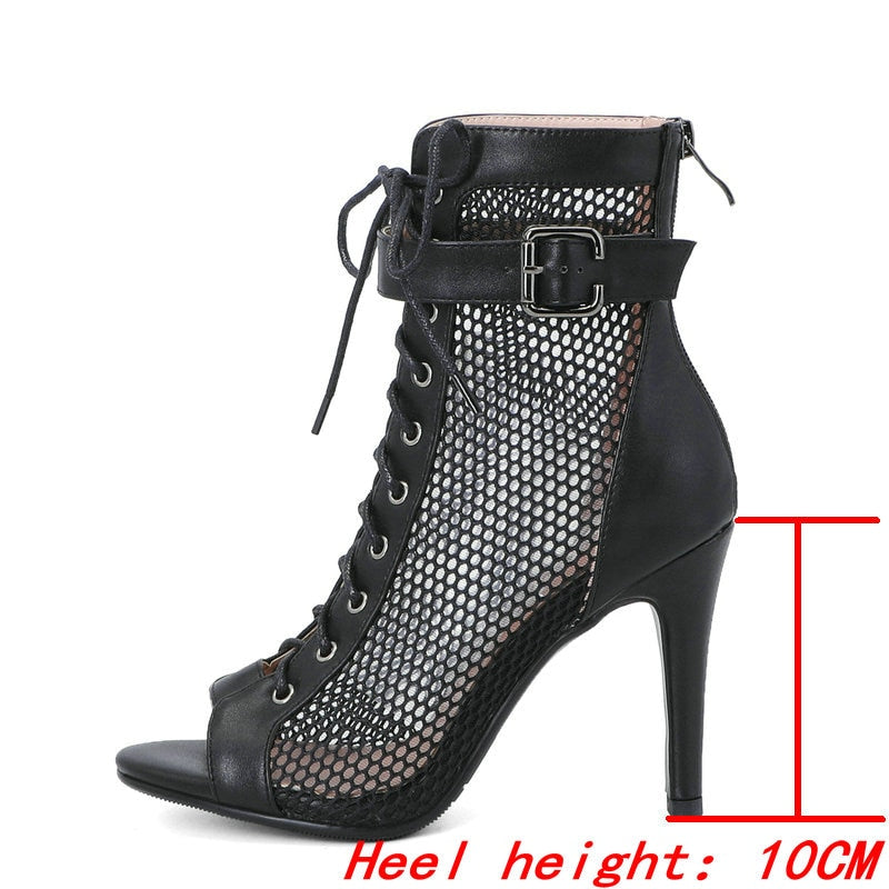 Mesh Short Boots Zipper Back High Heels