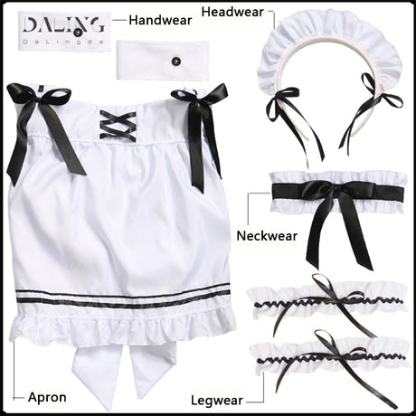 7 Piece Set French Maid Outfit Lolita Cosplay Dresses Girls Amine Cute Waitress Cafe Woman Dress Sissy Maid Costumes Uniform