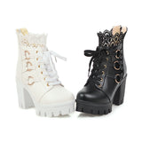 Chunky Platform Ankle Boots With Lace Trim