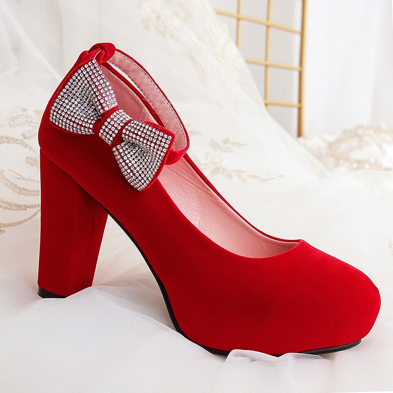 Rimocy women's plus size 45 crystal bowtie pumps super high square heels ankle strap party wedding shoes woman flock shoes 2019