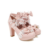 Ruffle Bow Cross Strap Mary Jane High Heel Shoes